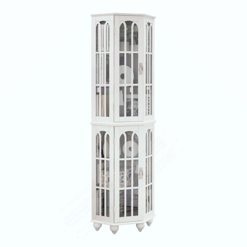 Corner Curio Cabinet With 4 Adjustable Tempered Glass Shelves And Lighting System, Solid Wood Legs,Acrylic Mirrored Back Panel(E26 Light Bulb Not Included)