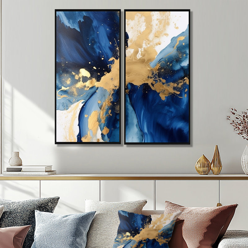 «Dark Blue And Gold Strokes» - art mural bleu à 2 panneaux, H 32 po x l 32 po, Impression encadrée flottante, Noir