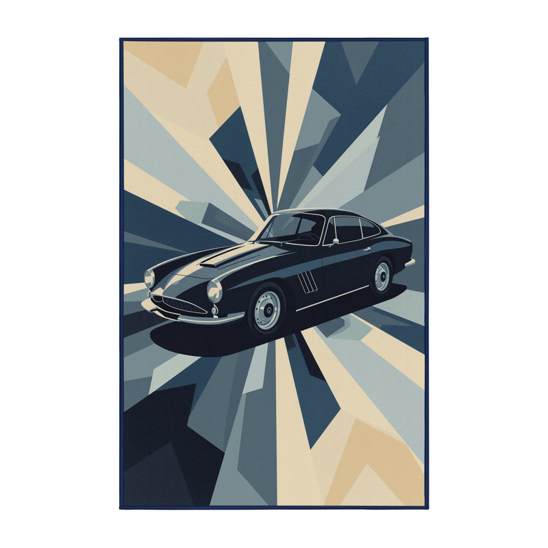 Machine Washable Eldred Retro Coupe Car Retro Geometric Rug in Beige – Navy Binding, 5x7