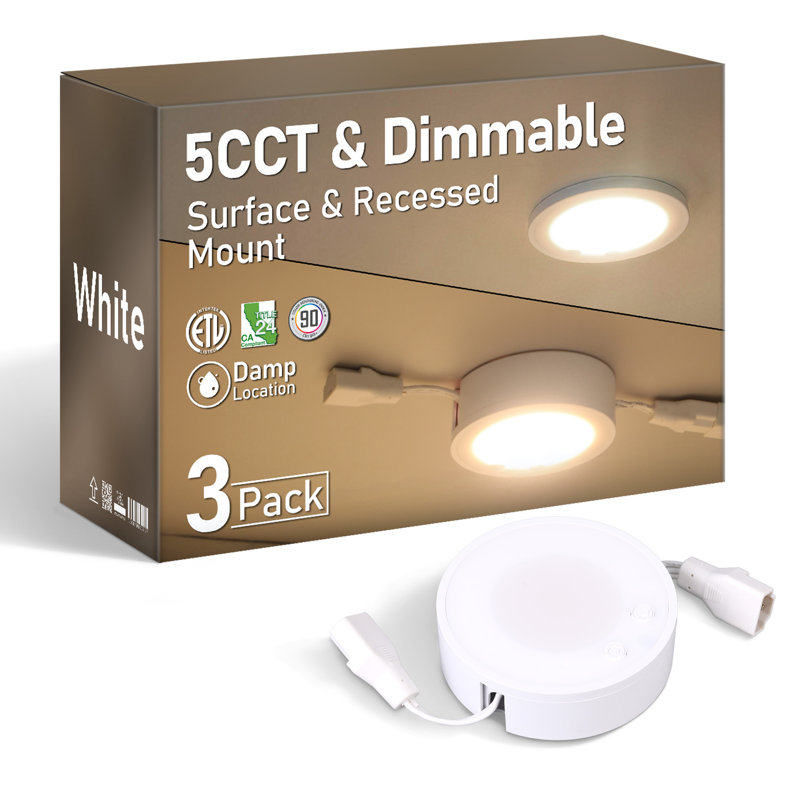 5CCT LED Puck Lights, Dimmable Linkable Under Cabinet Lighting, Plug-in Shelf Light, 300lm, 120V, Surface/Recessed Mount, CRI 90+