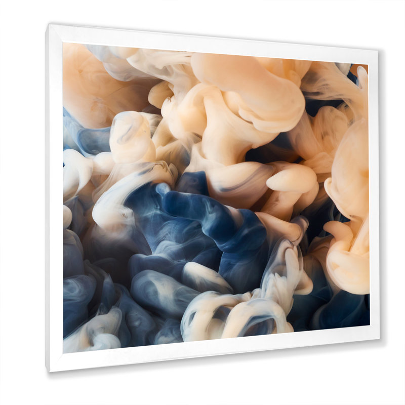 Jaune et bleu, encre fluide II - art mural moderne et contemporain sur toile, H 30 po x l 30 po x P 1 po, Cadre photo blanc
