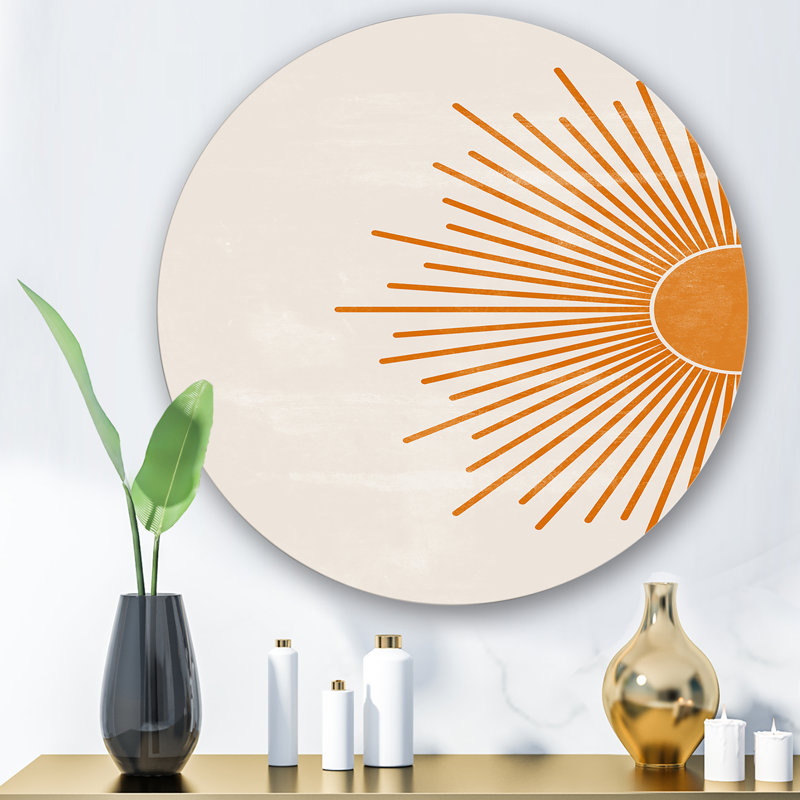 «Orange Sun Print I» - art mural moderne en cercle métallique, H 23 po x l 23 po x P 1 po