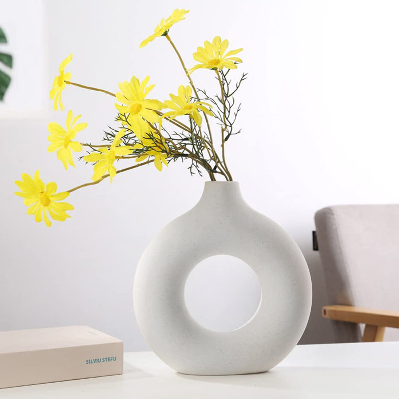 Branach Nordic Style Ceramic Round Vase in White, 19cm H x 18cm W x 2.5cm D