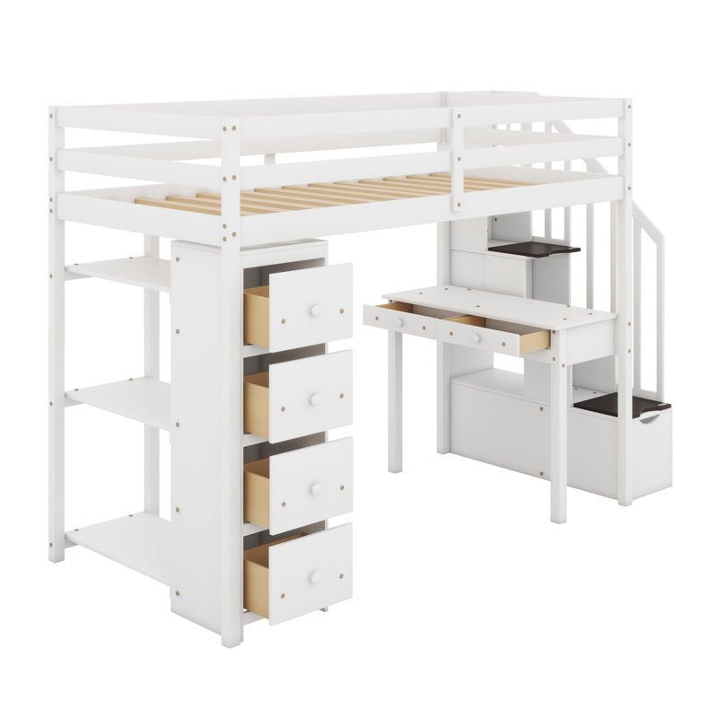 Loft Bed With Storage Drawers ,Desk And Stairs, Wooden Loft Bed With Shelves, White