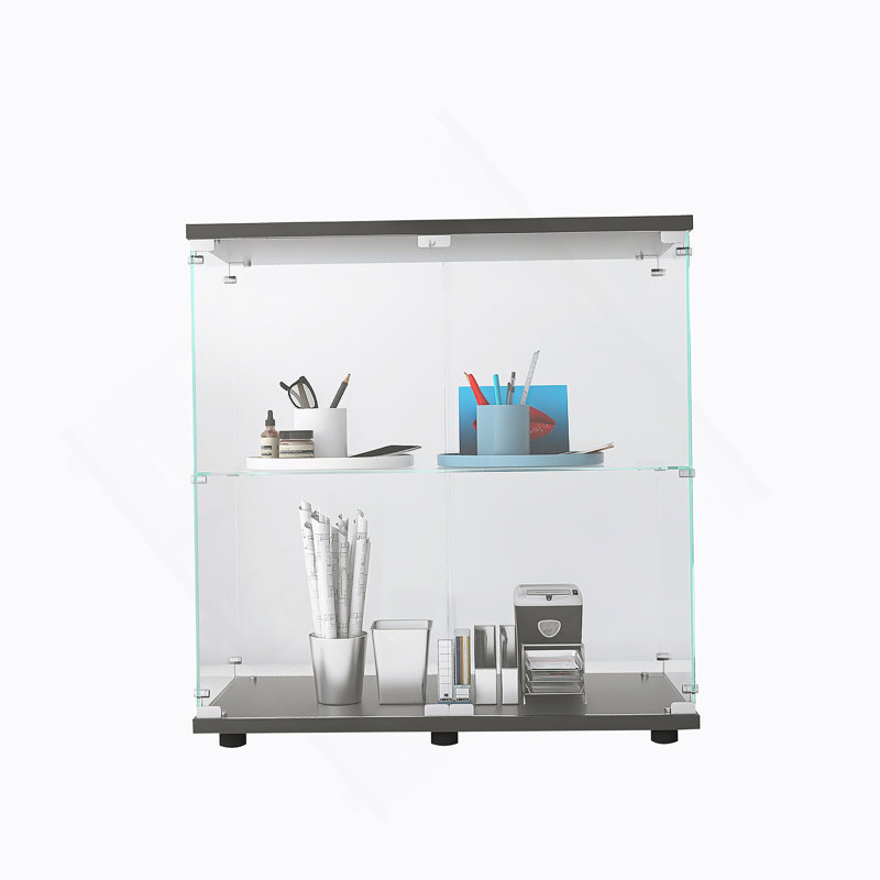 2 Layer Glass Display Cabinet With 2 Doors, Curio Cabinets, Glass Display Cabinet Showcase Countertop With Lock, Tempered Glass With MDF Base