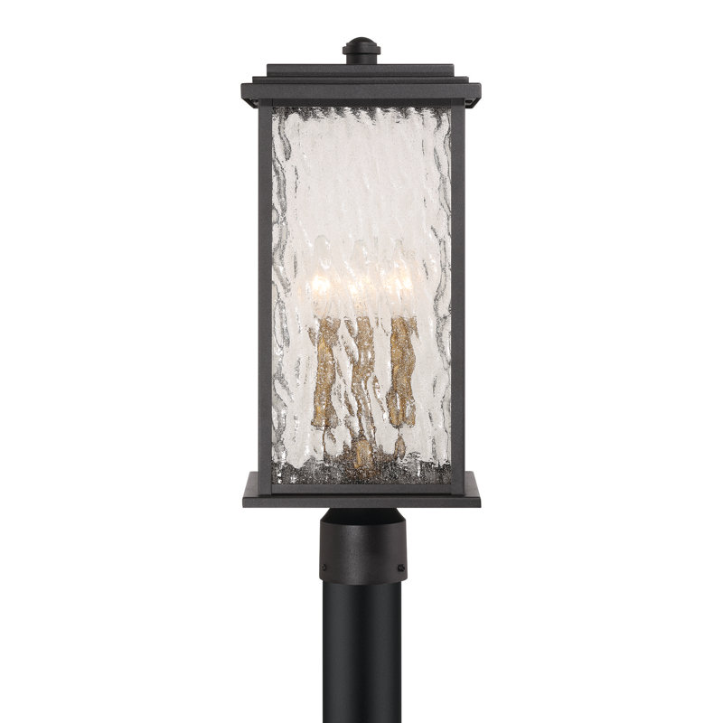 Riam - 3-Light Outdoor Post-Light - Black with Brass Accent - Rain Glassware Shade