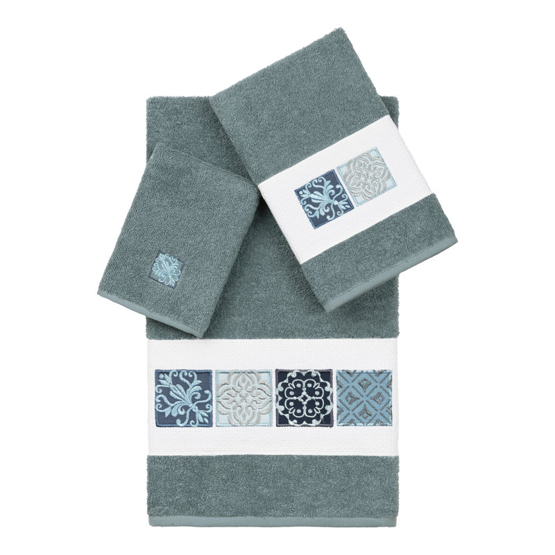 100% Turkish Cotton Oseas 3 Piece Embellished Towel Set, Teal