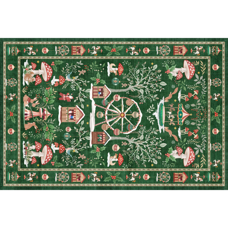 Tapis de Noël bohème vintage, tapis de forêt de Noël, tapis de chambre, tapis de sol rétro pour salon, Vert, 4*6