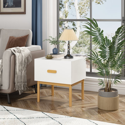 Modern Nightstand with Drawer and Wood Legs, Minimalist Bedside Table with Handle for Bedroom, Living Room, Apartment