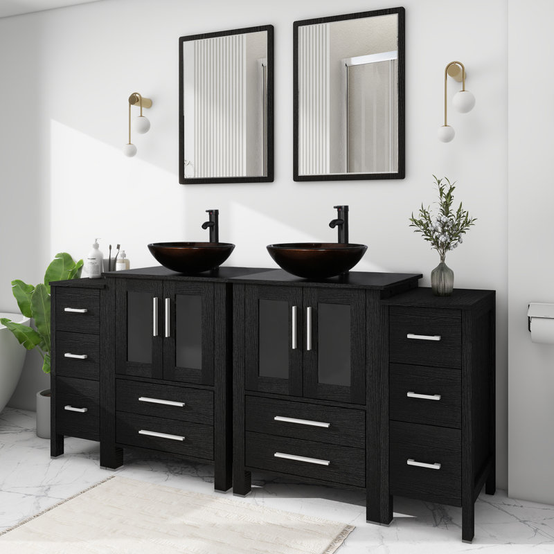 72’’ Double Bathroom Vanity Set with Vessel Sink, Faucet, Drain, Black, Black