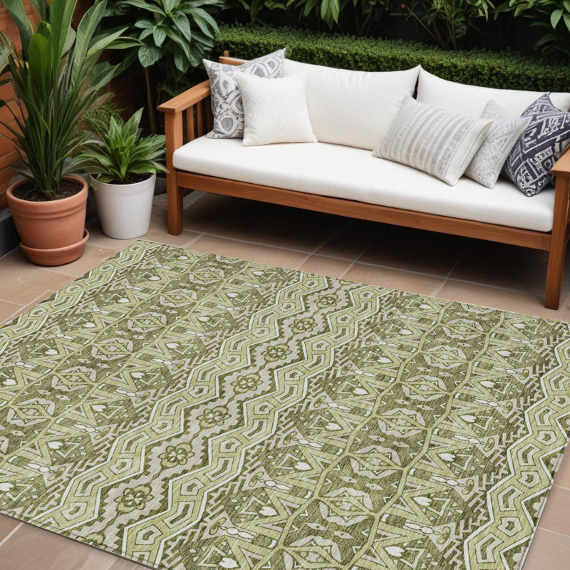 Tapis intérieur / extérieur 10 pi x 14 pi vert gris et ivoire lavant à l'artichaut