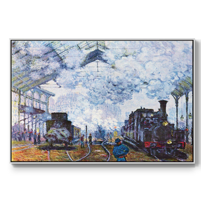 «Saint Lazare Station In Paris», arrivée d'un train par Monet sur toile, H 25 po x l 17 po x P 2 po, Toile avec cadre blanc