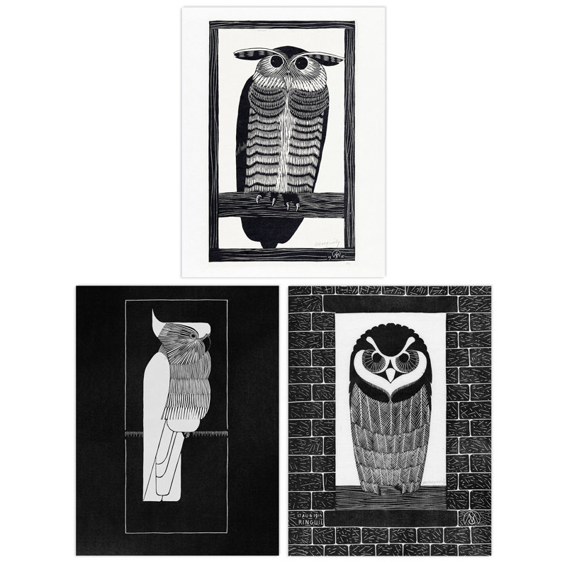 Julie De Graag Black White Graphic Linocut Owl Parrot Vintage Bird - 3 Piece No Frame Print Set