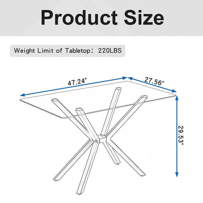 47.24" Rectangular Clear Tempered Glass Dining Table,Stylish Design With Gold Metal Legs, Kitchen Table For Dining Room, Gold