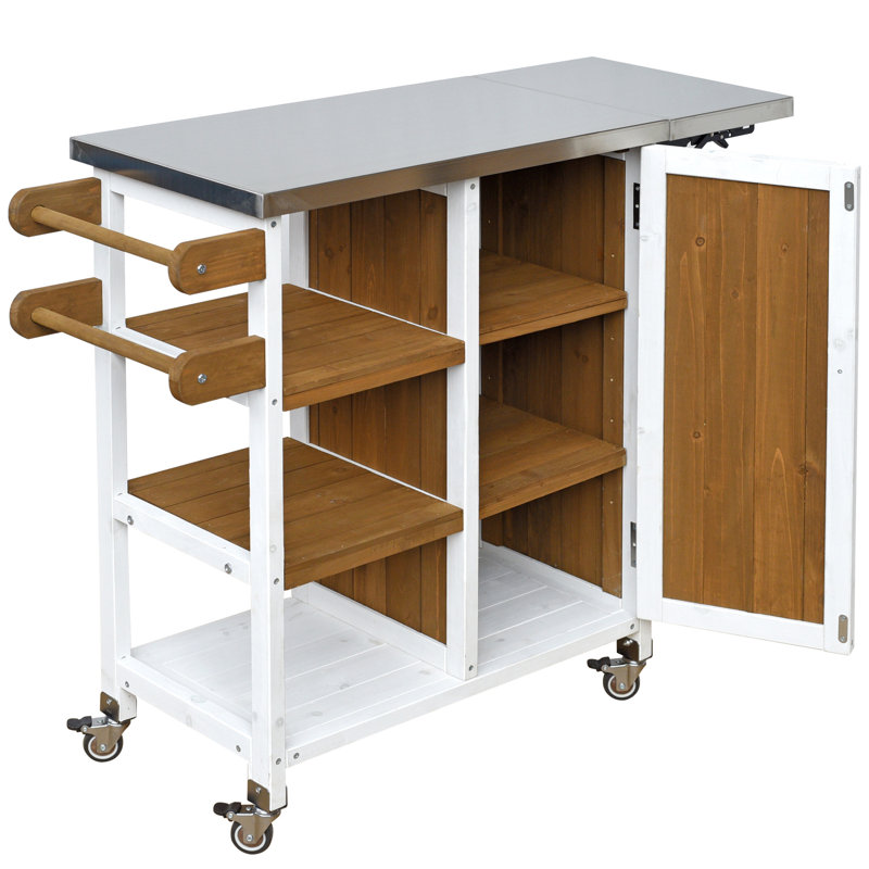 Outdoor Kitchen Island With Foldable Worktop, Open Compartments, And Enclosed Storage, For Efficient Cooking, White Brown Cart Rust- Solid Wood Structure, Lockable Wheels, Great Patios Balconies,