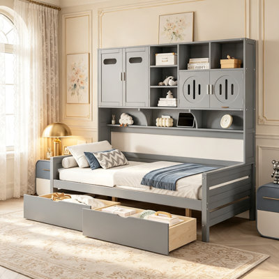 Lit de jour en bois pour une personne avec 2 tiroirs, meuble de rangement et étagère intégrés, gain de place et élégant
