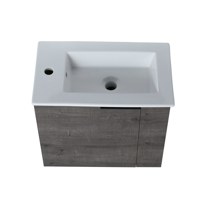 Meuble-lavabo mural simple de 22 po avec meuble-lavabo en céramique Mian, Chêne gris carreauté