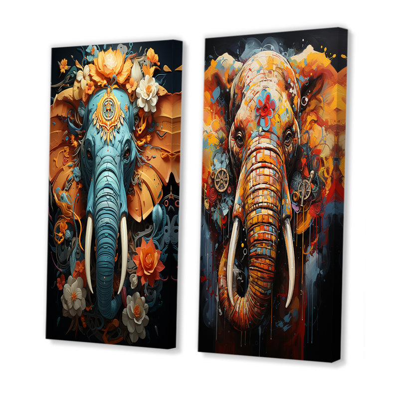 Urban Graffiti Pachyderms - Éléphant, ensemble de 2 reproductions d'art sur toile, H 28 po x l 25 po, Toile tendue