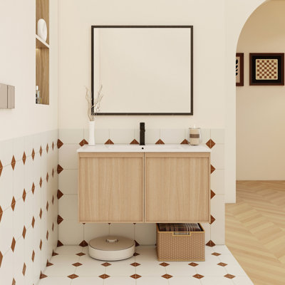 Meuble-lavabo flottant de 36 po avec lavabo, armoire moderne murale, lavabo à bord mince en céramique, portes à fermeture en douceur, rangement spacieux, installation facile