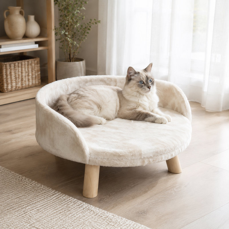 Canapé surélevé en peluche pour animaux de compagnie avec pieds en bois massif - canapé semi-circulaire pour chat et chien avec coussin lavable amovible, pieds antidérapants, pour petits et moyens animaux de compagnie (13,8 po / 19,7 po, beige)