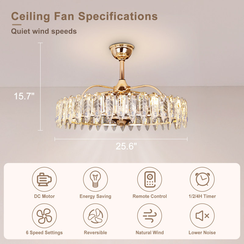 Ventilateur de plafond à cage dorée avec lumière, télécommande et cristal d'érable