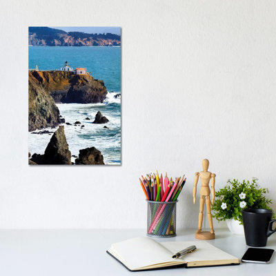 Point Bonita Lighthouse On A Cliff, San Francisco Bay, California by George Oze - Wrapped Canvas Print