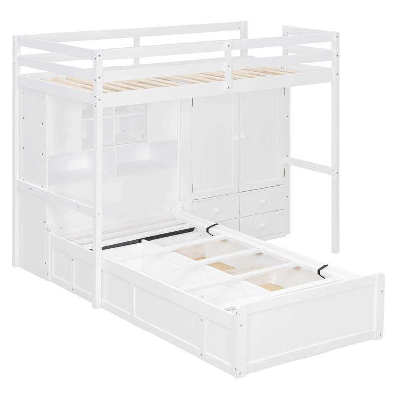 Lit superposé simple avec tiroirs, garde-robe, tablettes de rangement et lit hydraulique, blanc, Blanc