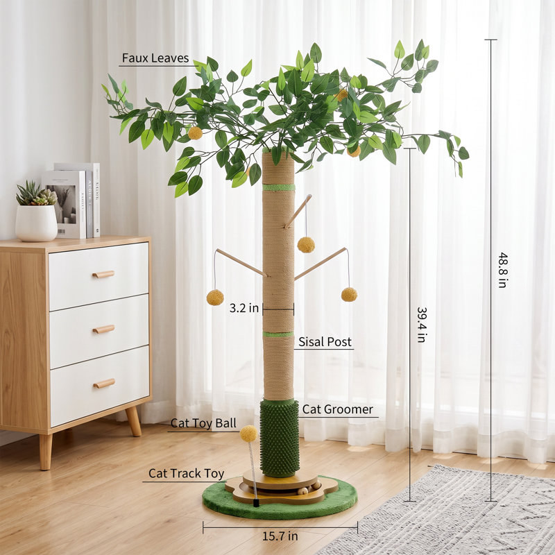 Arbre à chat avec griffoir de 122 cm de hauteur, piste à balles rotative, arche de toilettage, pompons et motif de feuilles pour chats d'intérieur