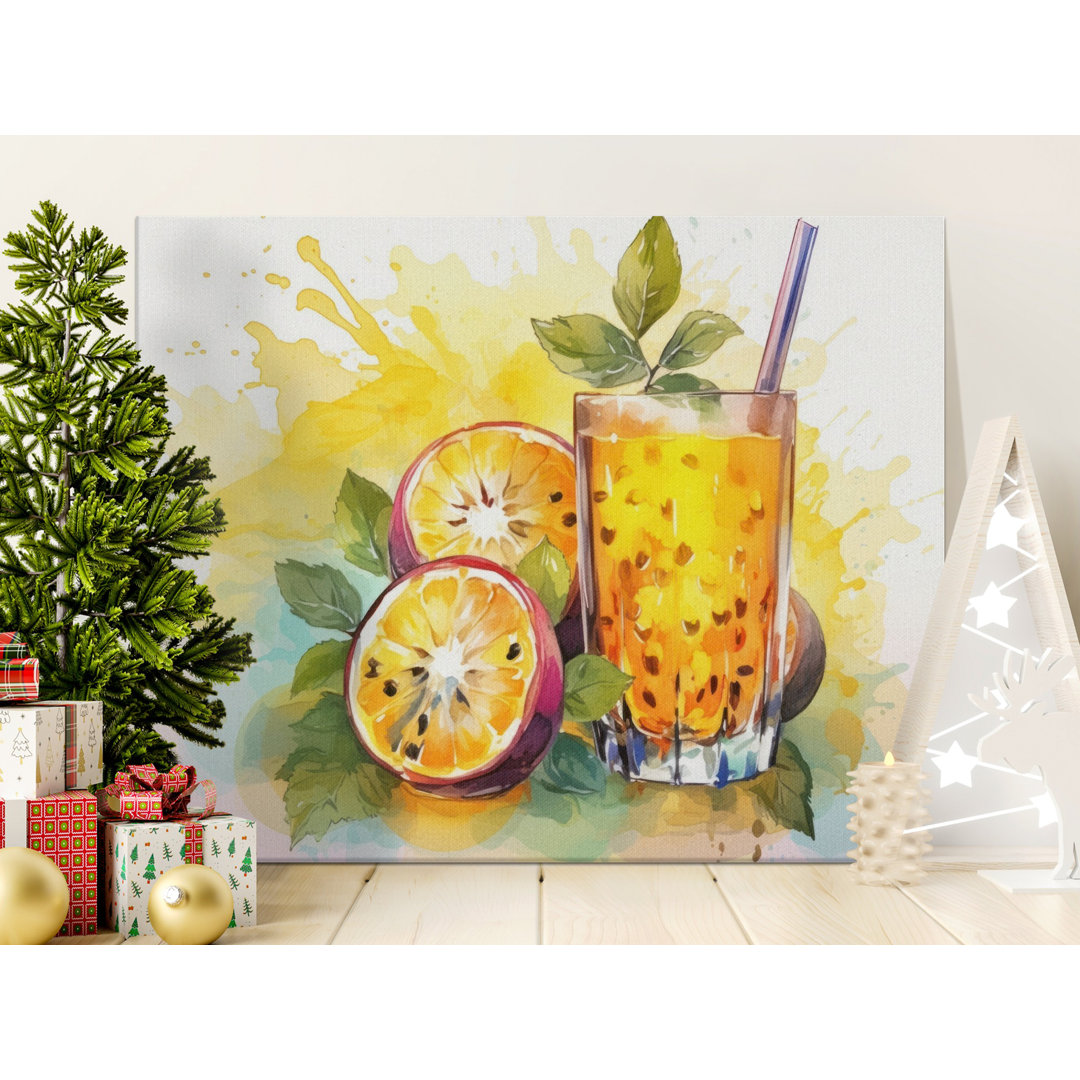Vibrant Passion Fruit Watercolor Canvas Print | Tropical Kitchen Wall Art Decor | Refreshing Summer Drink Aesthetic Artwork | Housewarming