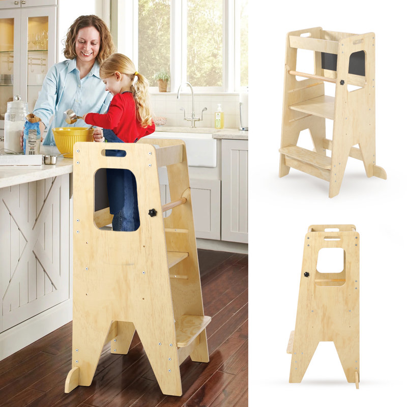 Marchepied d'apprentissage en bambou pour enfants, tour d'apprentissage réglable en hauteur (3 niveaux) avec barrière de sécurité et surface antidérapante, idéale pour la cuisine, la salle de bain et l'aire de jeux.
