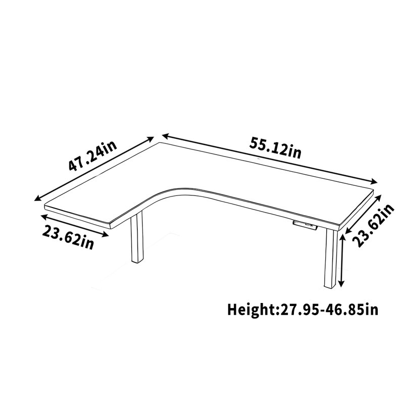 Corner desk with height-adjustable desk surface, 46.85" H x 55.12" W x 47.24" D