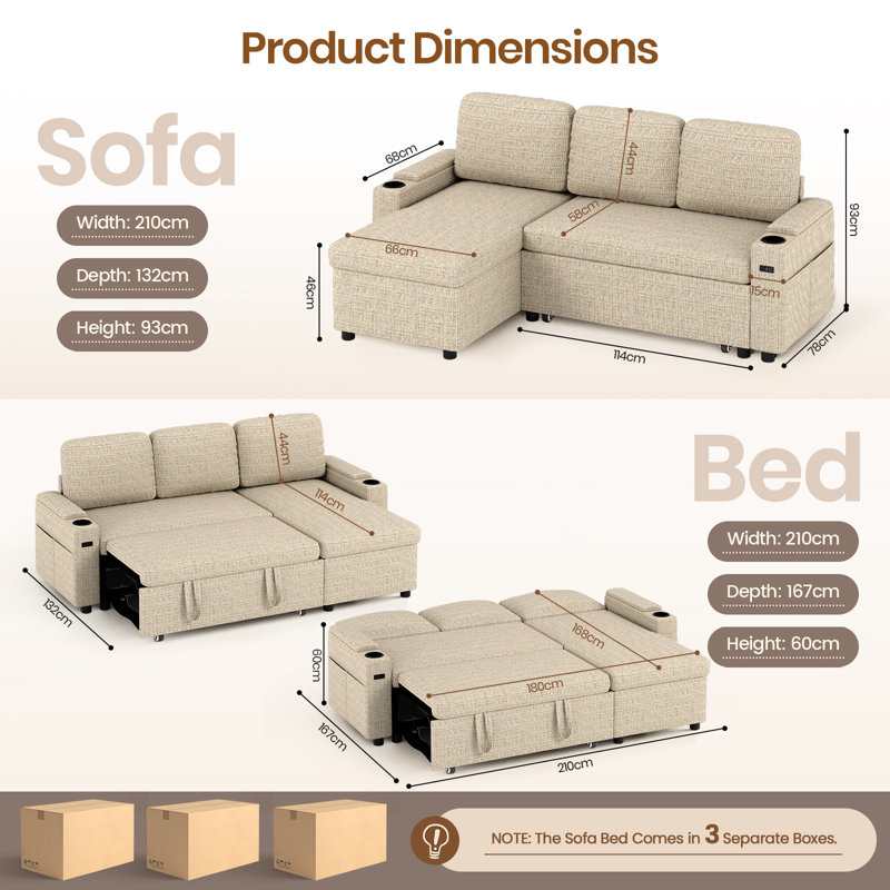3 Seater Sofa & Chaise, Beige Fabric