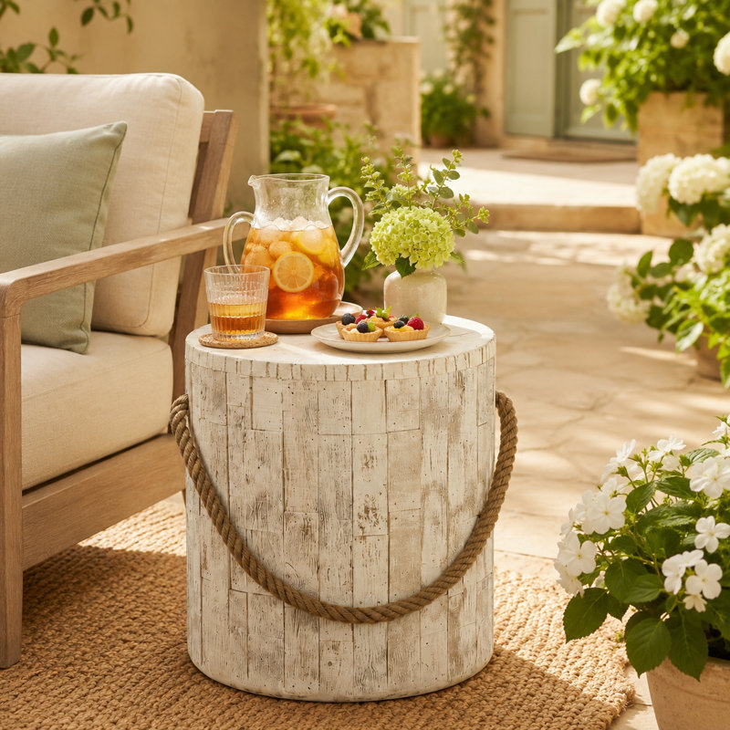 Table d'appoint ronde en grain de bois MGO avec corde décorative pour patio, balcon et salon