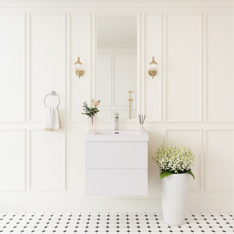 Meuble-lavabo flottant 24 po, lavabo à surface solide, fonction de fermeture en douceur, blanc brillant, construction en pierre de haute qualité