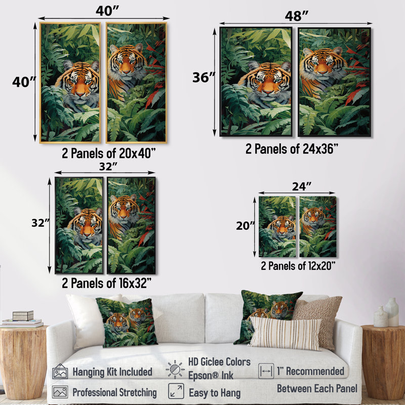 Asian Art Tigers In Jungle VI - Art asiatique, grand art mural 2 panneaux, 32" H x 32" W, Wrapped Canvas, Does Not Apply