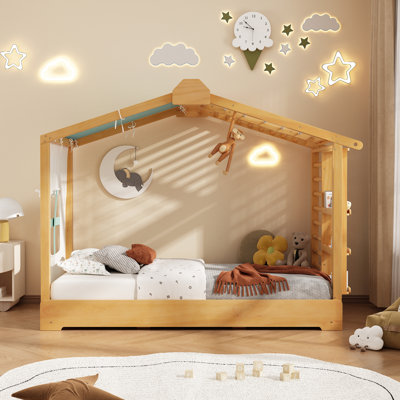 Lit simple avec tente, rideaux, tablettes de rangement latérales et lit gigogne
