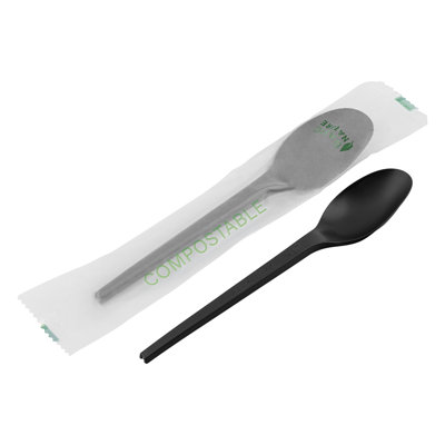 Restaurantware Plastic Spoons 250 Pack of 6.5 Inch Individually Wrapped Heat-Resistant Disposable CPLA Sustainable Utensil Flatware Black for Large Events