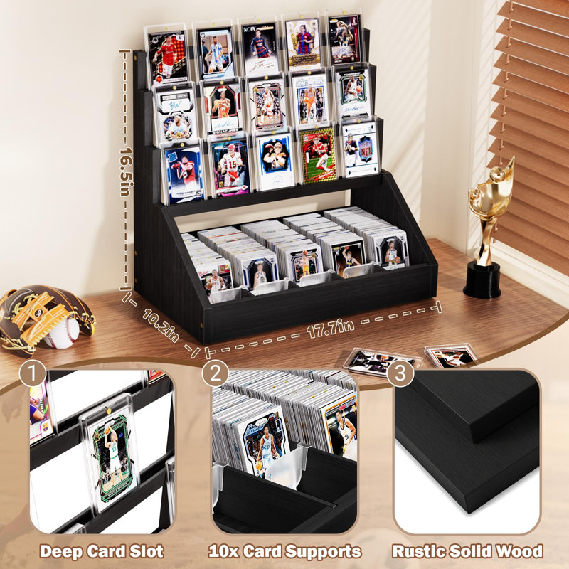 Présentoir en bois à 3 niveaux pour cartes à collectionner avec compartiment de rangement à 5 rangées, Black