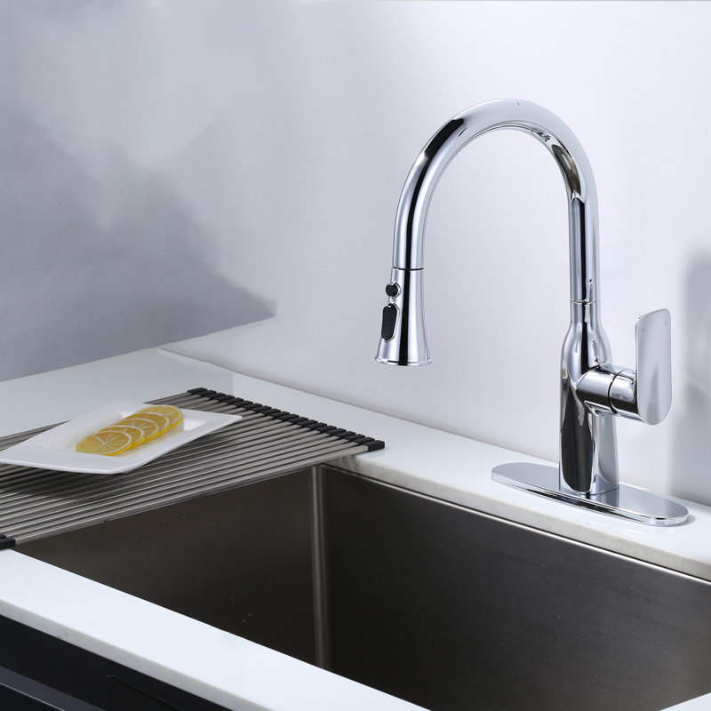 Robinet de cuisine rétractable à poignée simple en acier inoxydable à 3 fonctions avec plaque de pont et conduites d'alimentation