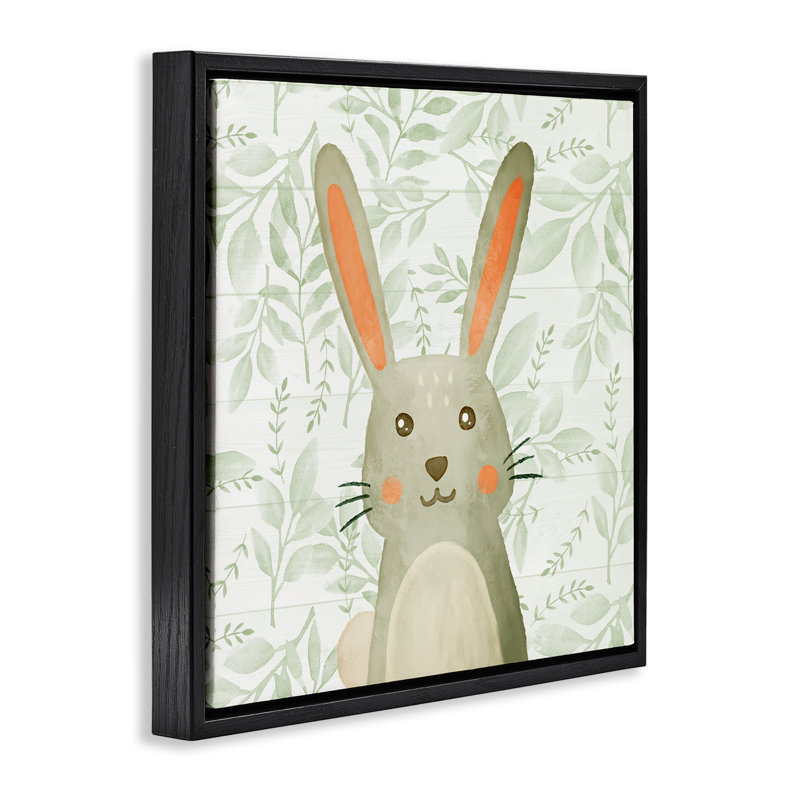 Cadre fantaisiste lapin fantaisiste sur fond floral, design par Kim Allen, Cadre flottant noir de jais, H 18 po x l 18 po