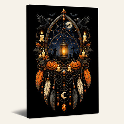 Black Gothic Dreamcatcher With Pumpkins And Crows Halloween Canvas Wall Art