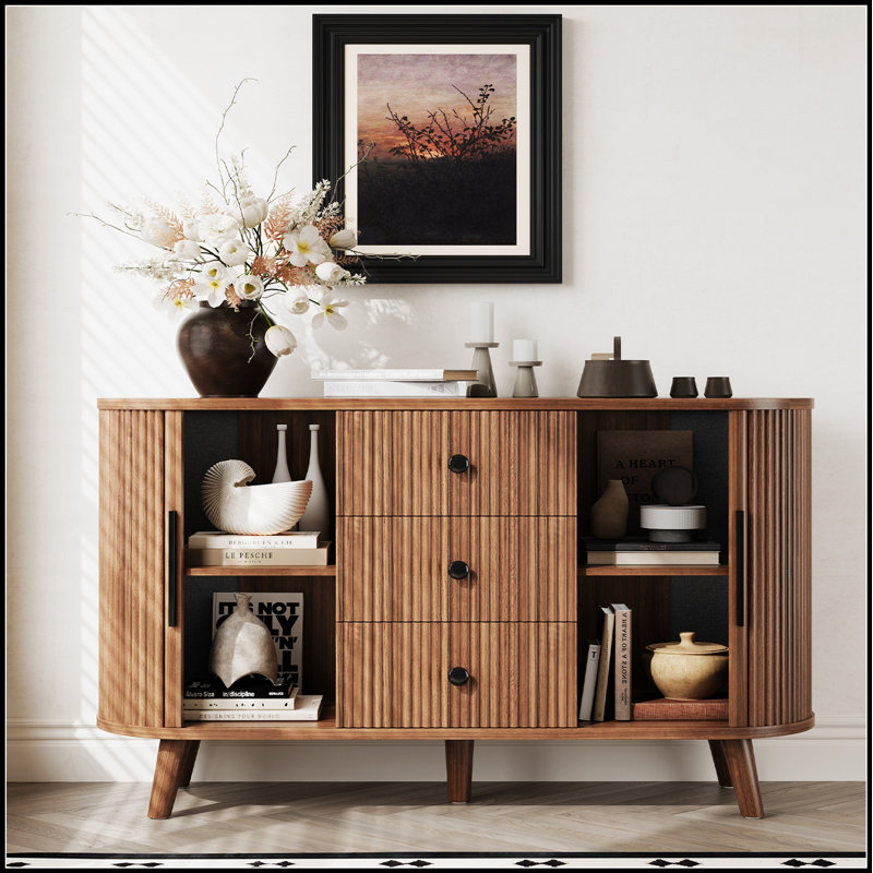 Elegant Sideboard Buffet Cabinet With 2 Sliding Tambour Doors And 3 Drawers, Adjustable Shelves For Modern Living Room Storage