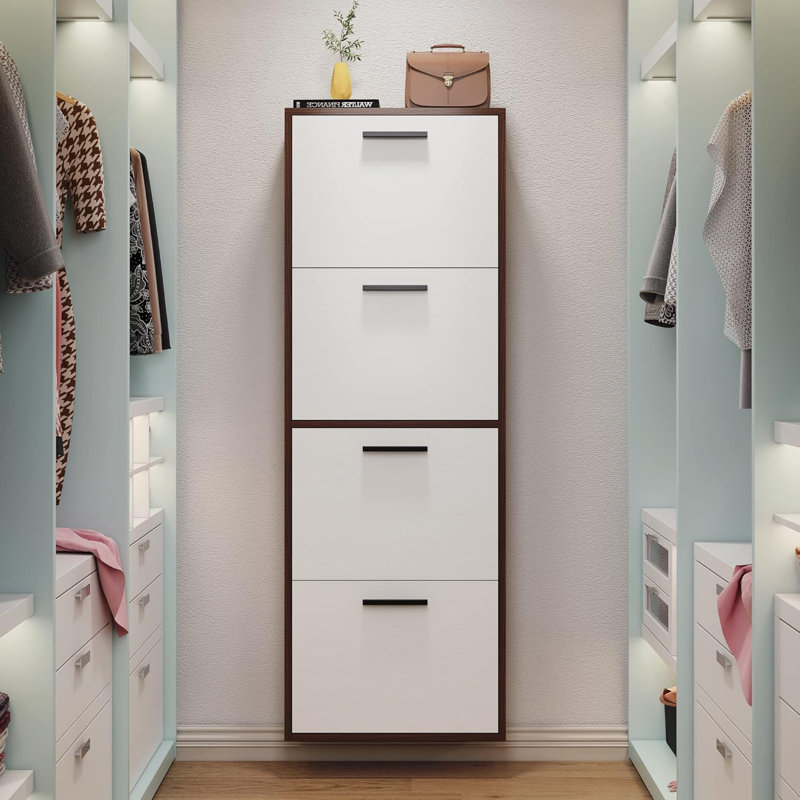 Latitude RunÂ® Shoe Cabinet , Wall Mounted Shoe Organizer With 4 Flip Drawers, Walnut/White, 57.2" H x 29.5" W x 6.3" D
