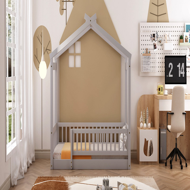 Structure de lit simple en bois avec clôture, pour enfants, adolescents, gris, Twin, Grey