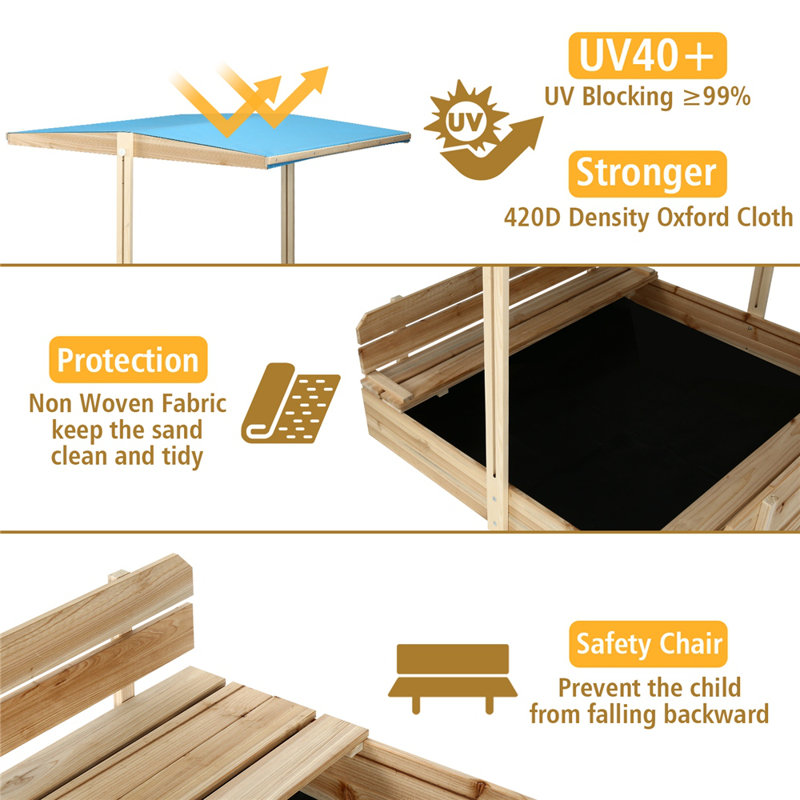 Sandbox With Lid And Cover For Kids With Canopy, Retractable Roof, UV-Resistant Sandbox W/2 Foldable Bench Seats For Backyard, Patio, Outdoor Play