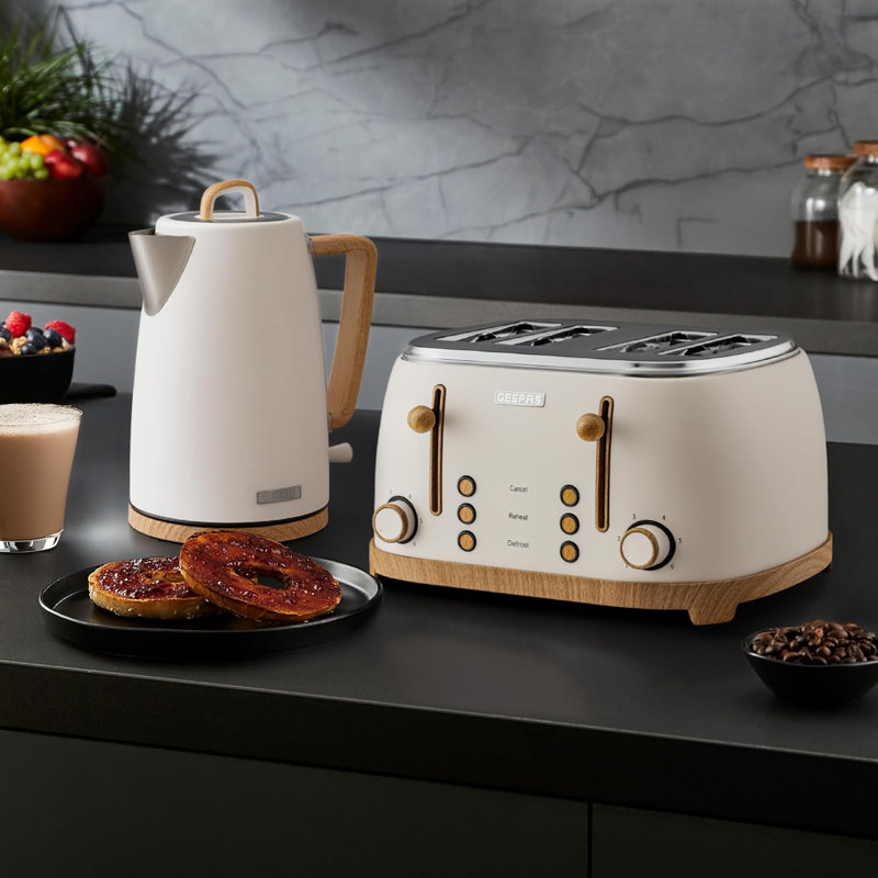 GEEPAS NordiQ 4 Slice Toaster & 1.7L Electric Kettle Combo Set | Matte Finish with Wood Accents | 1500W 6 Browning Levels Defrost Reheat & Cancel | 3000W Rapid Boil Cordless Jug Kettle