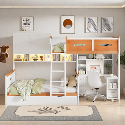 Twin Over Full Storage Bunk Bed With Desk, Drawers, Lighted Bookcase And Cabinet by Latitude Run