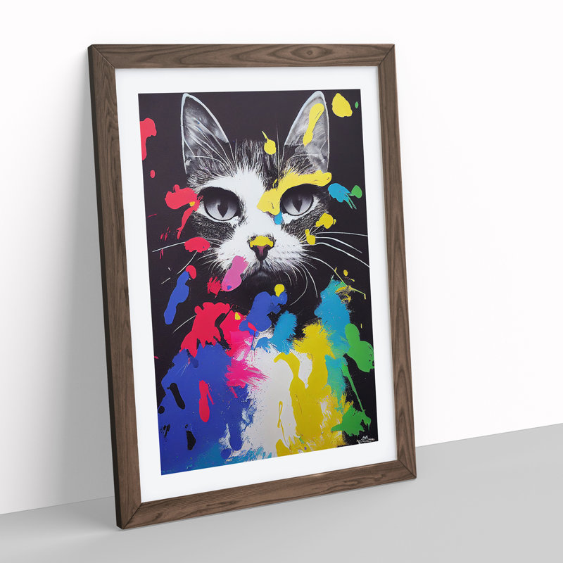Paint Splat Cat No.2 - Single Picture Frame Painting, 64cm H x 46cm W x 2cm D, Walnut
