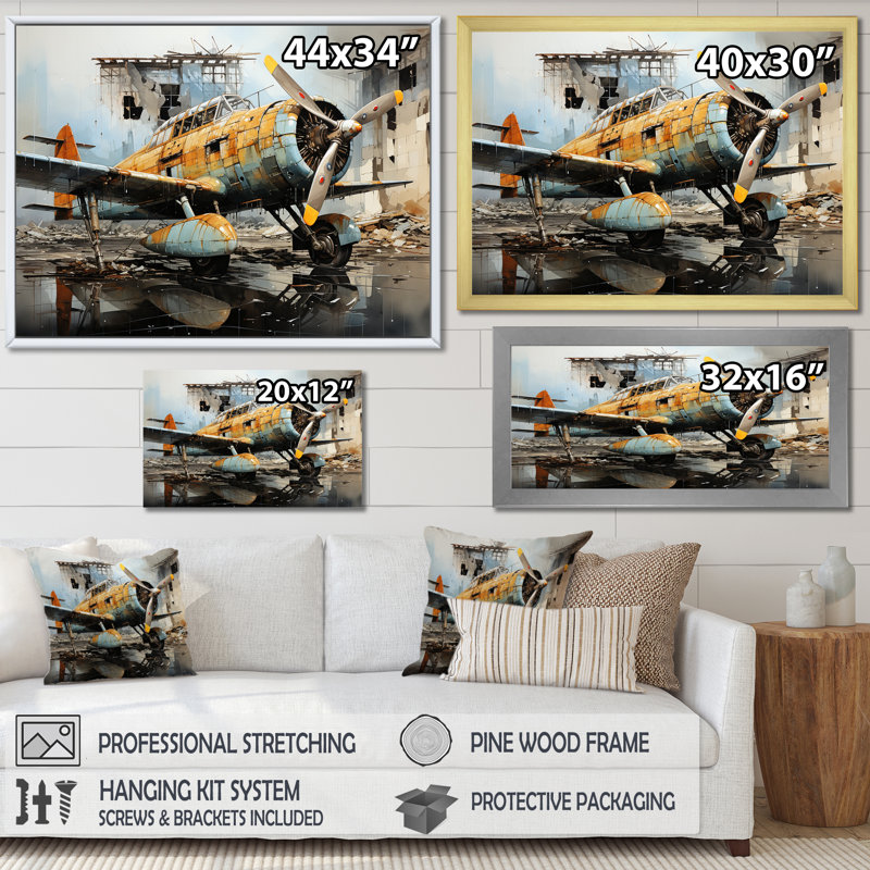 Plane Prelude To Flight - Avion, reproduction d'art sur toile, Cadre photo noir simple, H 16 po x l 32 po x P 1 po