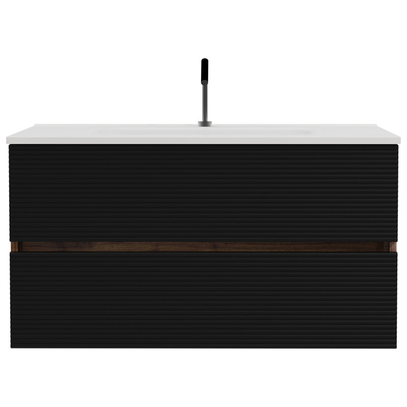 Meuble-lavabo mural noir et noyer 36 po Gloria avec lavabo intégré en céramique avec trop-plein, Noir / brun